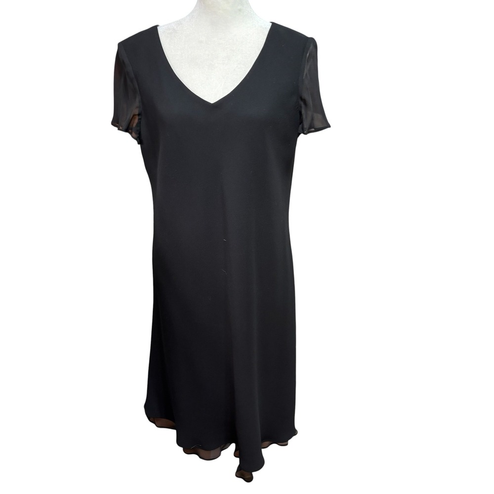 Jones New York 12 Black V-Neck Sheer Sleeve Layered Hem Shift Dress #1109